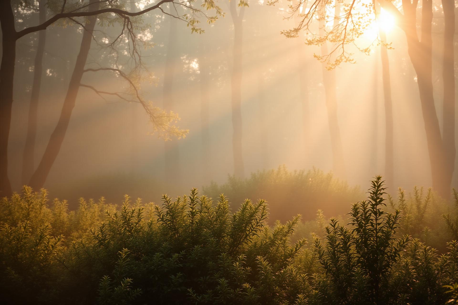 Sunlight streaming through a peaceful misty forest at sunrise